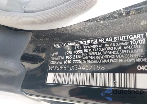 2003 Mercedes-Benz C 240 из США, поврежденный, VIN WDBRF61JX3A457198